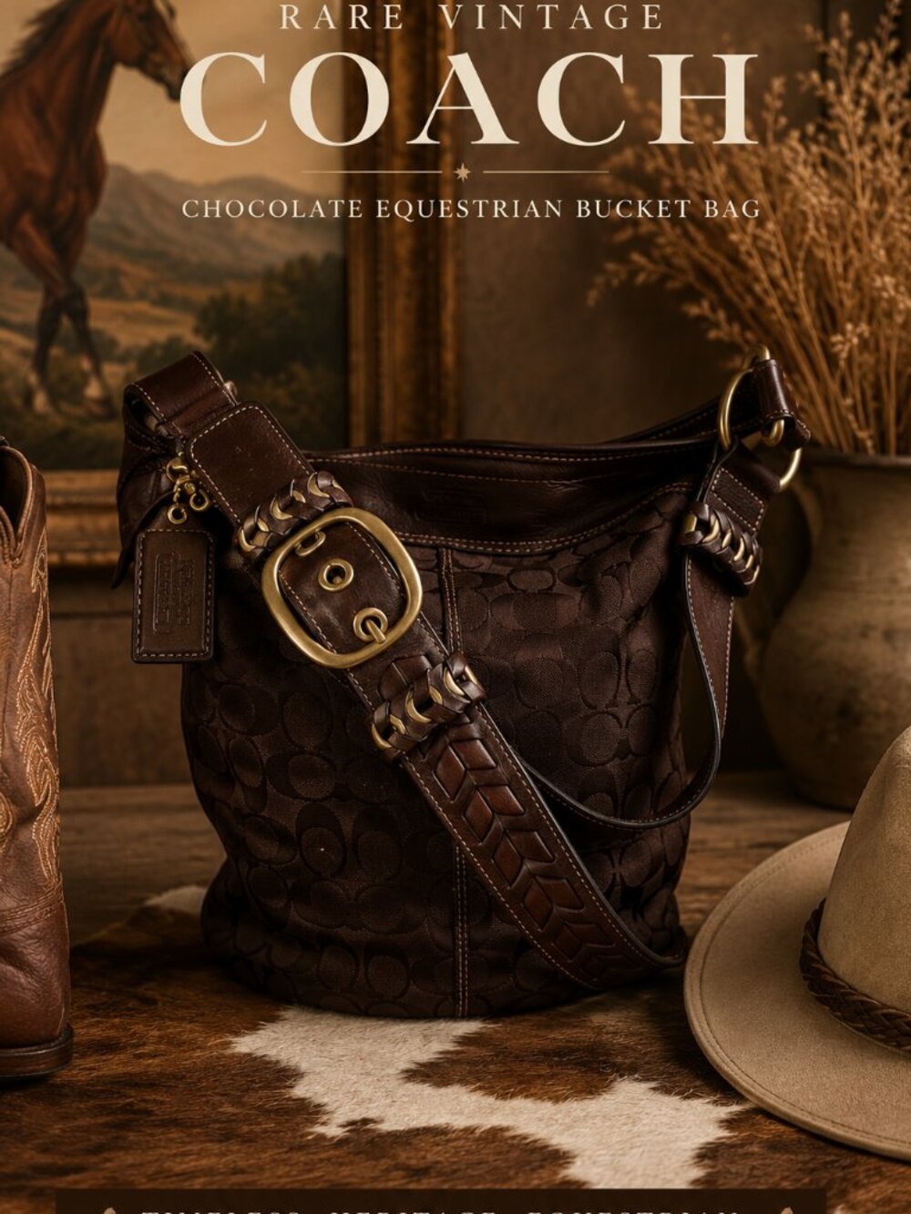 Rare Vintage Coach Chocolate Equestrian Bucket Bag Whipstitched Leather Brass
